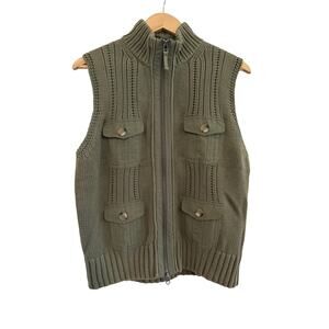 Eddie Bauer Knit Zip Up Sweater Vest Womens Large Green Safari Outdoor Cozy